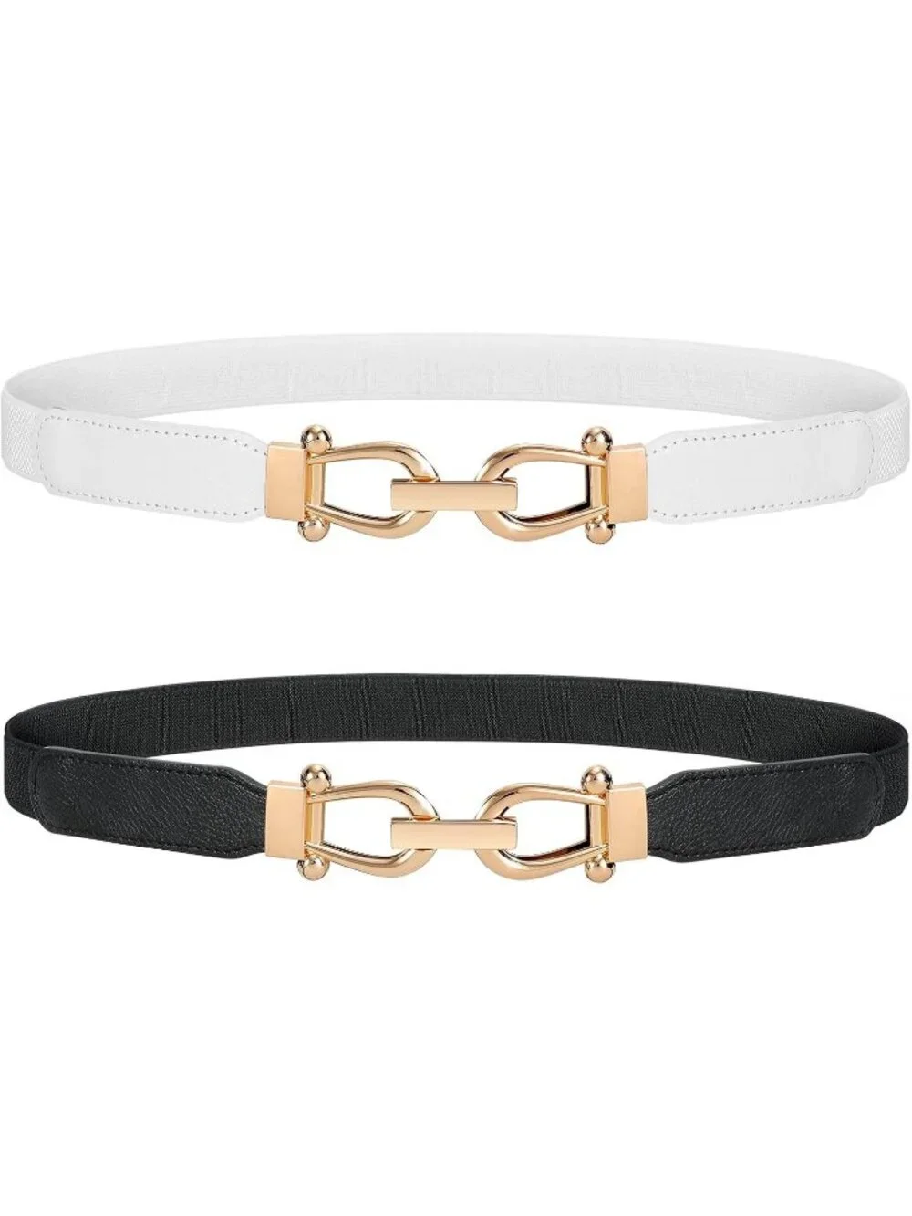Women's Black & White Retro Elastic Skinny Stretch Belt 2-Pcs With Gold Buckle
